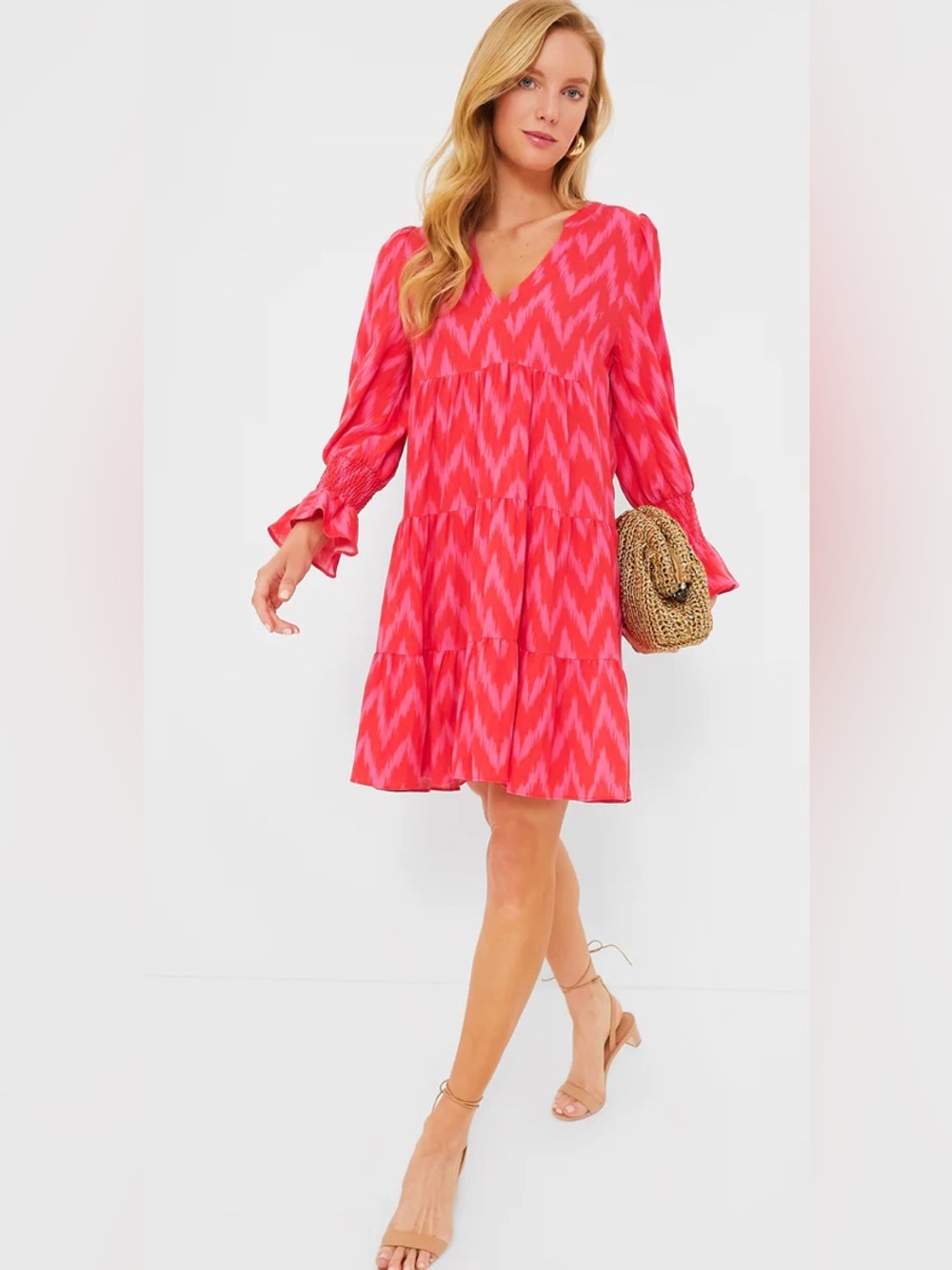 Pomander Place Hot Pink Ikat Kenzo Tiered V-Neck Dress Size Medium, Tuckernuck